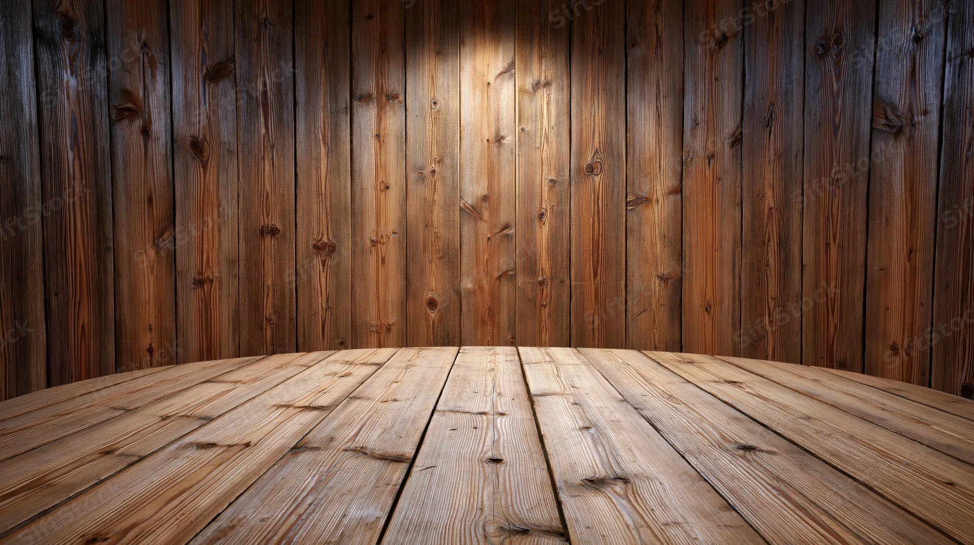 Wooden table surface with plank flooring and wall in empty interior space