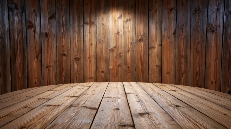 Wooden table surface with plank flooring and wall in empty interior space