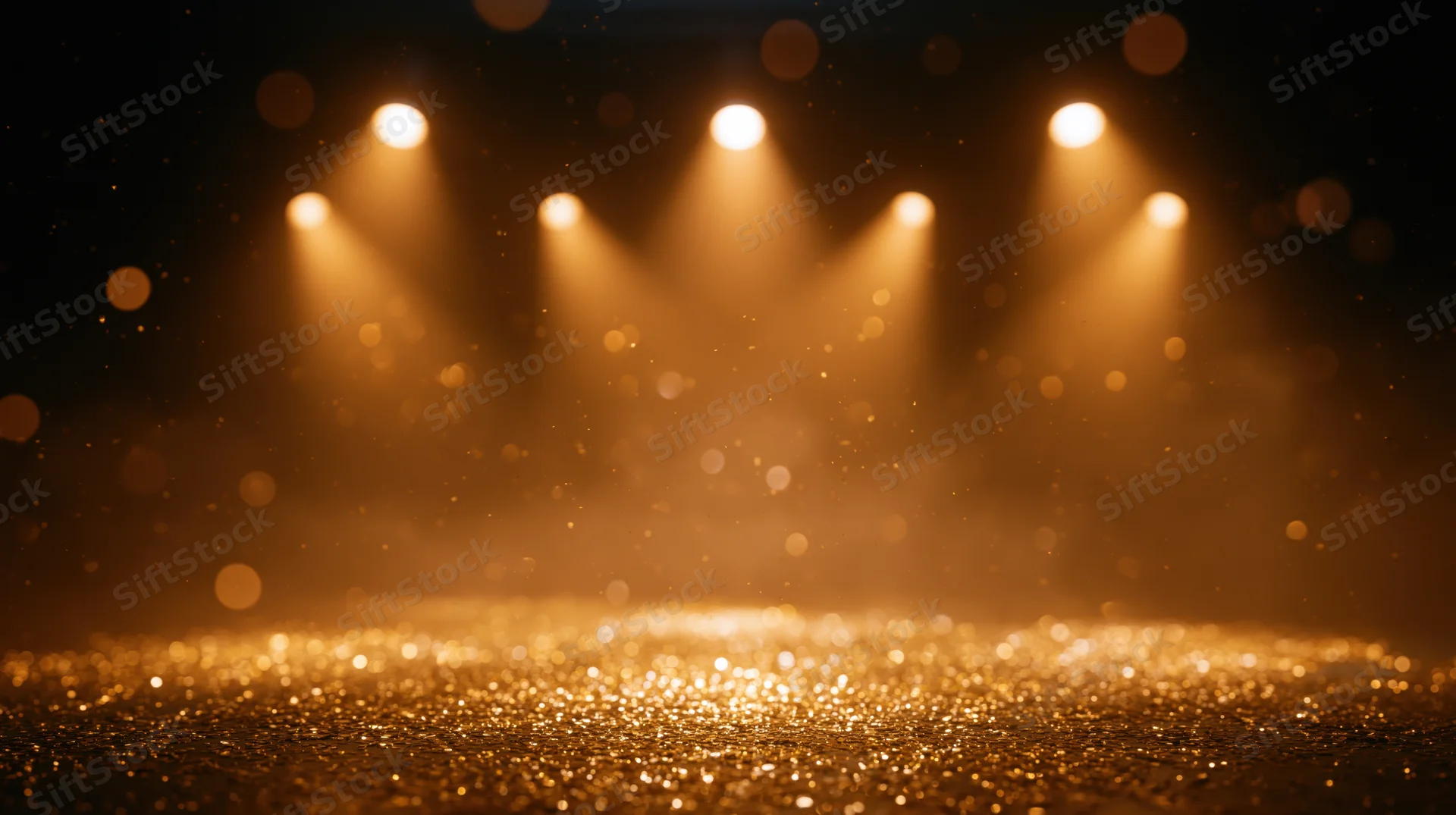 Golden glittering stage floor illuminated by warm spotlights under hazy ambiance