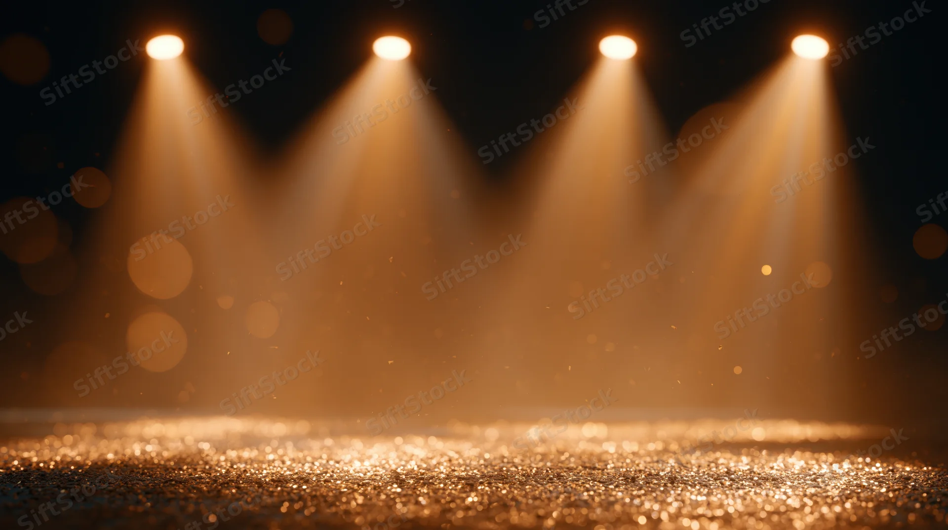 Stage lit by four spotlights casting warm beams onto a glittering floor with visible dust particles in the air