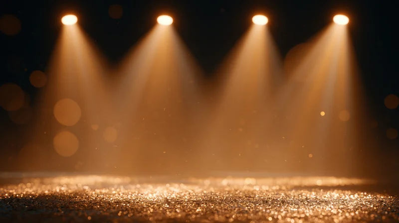 Stage lit by four spotlights casting warm beams onto a glittering floor with visible dust particles in the air