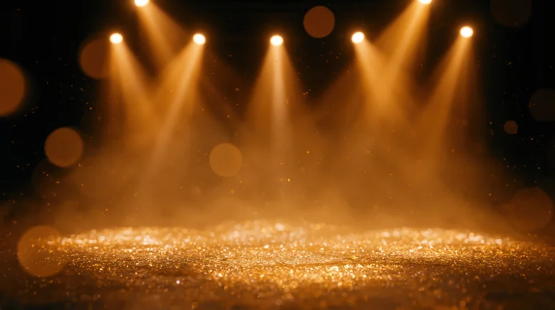 Golden stage lit by spotlights with sparkling particles and warm glow, creating a theatrical ambiance