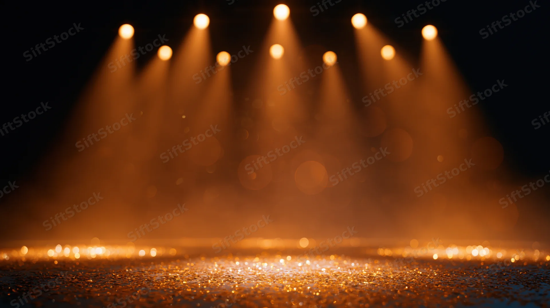 Stage lit by warm spotlights with glittering floor and hazy atmosphere