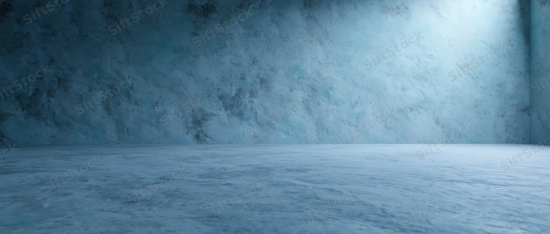 Empty concrete room with blue textured walls and floor, copyspace for design or branding