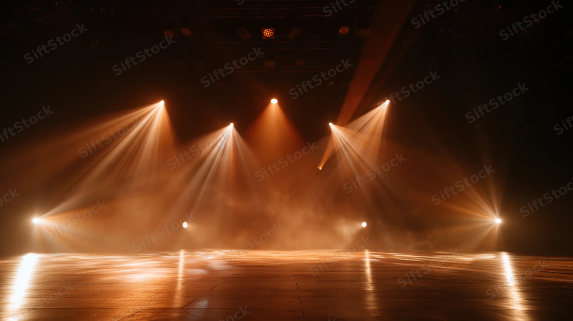 Stage lit by warm spotlights with haze and reflections on polished wooden floor
