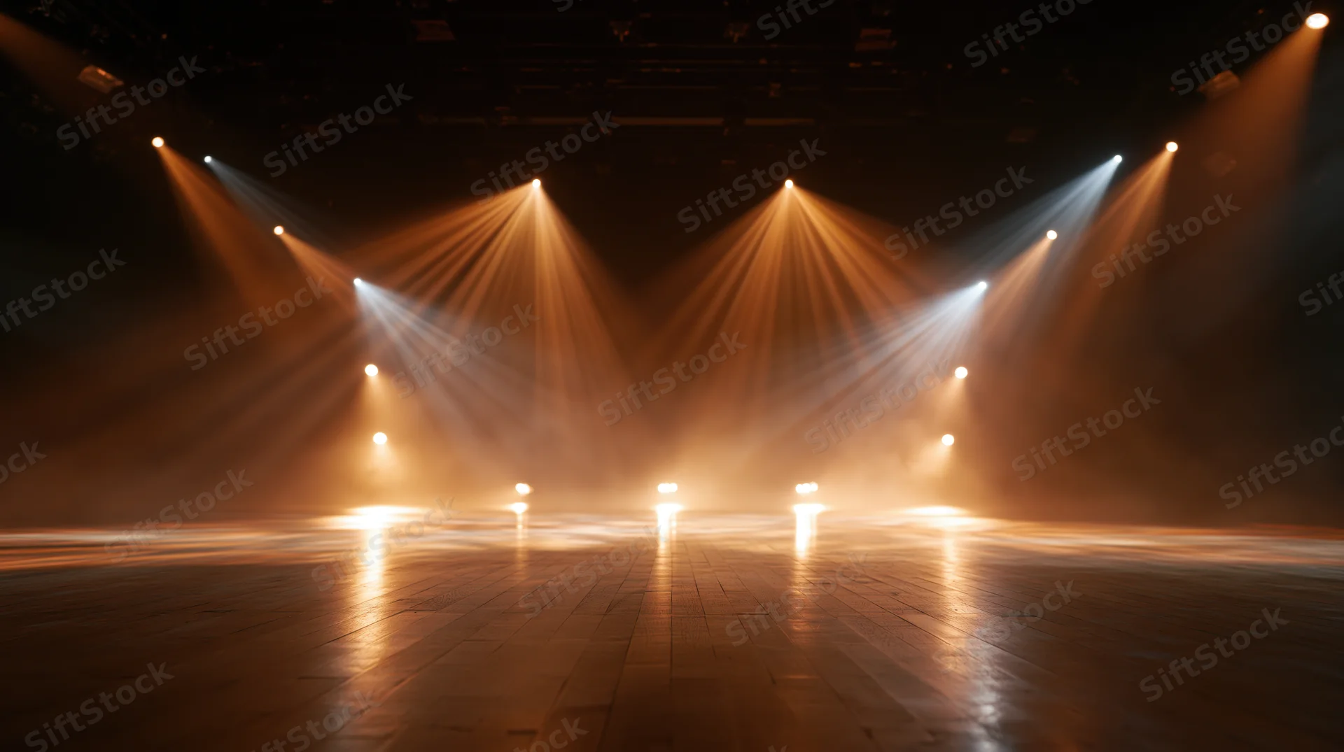 Stage lit by warm spotlights casting beams through haze on a wooden floor