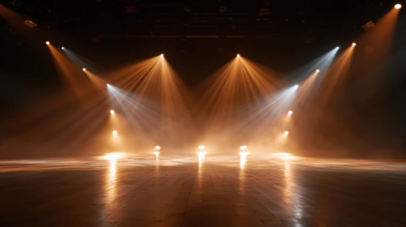 Stage lit by warm spotlights casting beams through haze on a wooden floor