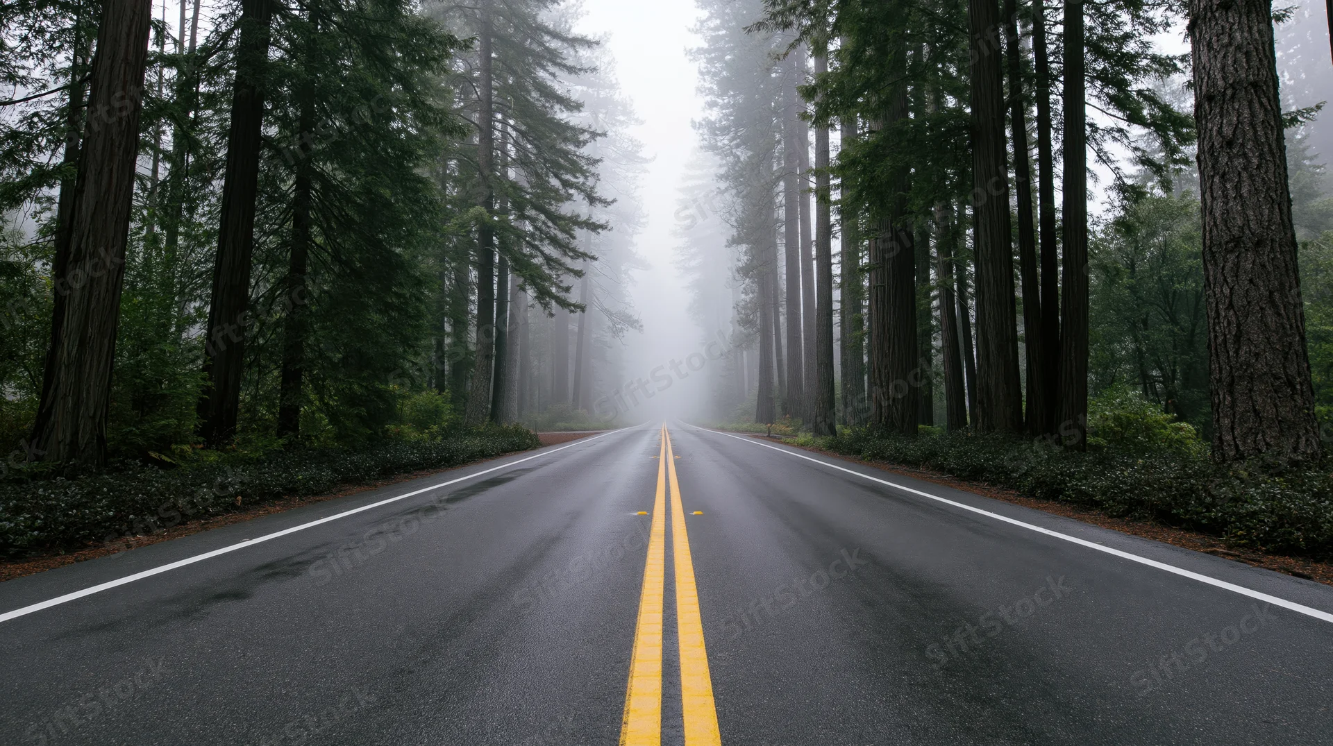Straight asphalt road through tall redwood forest in foggy weather