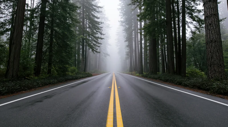 Straight asphalt road through tall redwood forest in foggy weather
