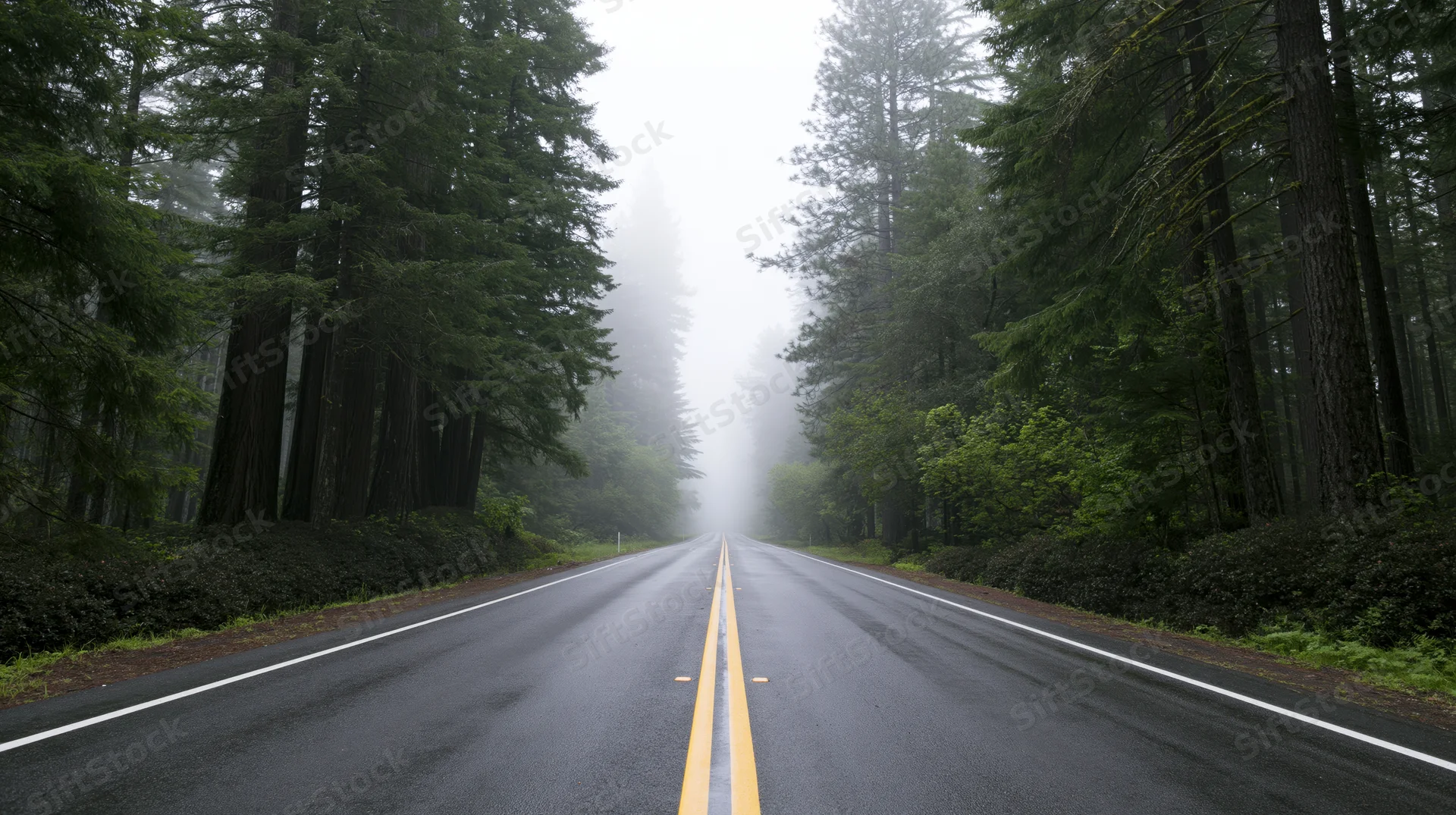 Straight asphalt road through foggy redwood forest with double yellow line and white edges