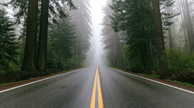 Wet asphalt road with double yellow line vanishing into foggy redwood forest