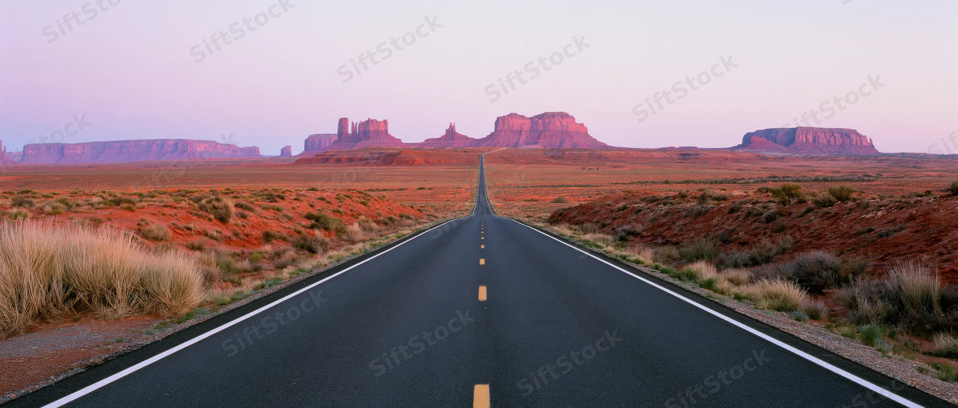 Straight asphalt road stretching into the desert toward red rock mesas at twilight