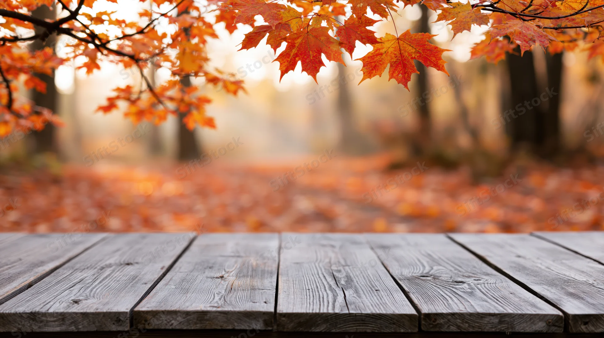 Wooden table with autumn maple leaves overhead in a forest setting