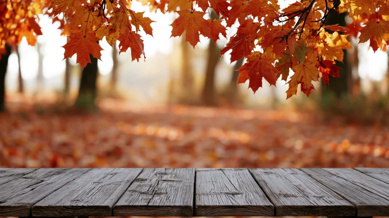 Wooden table surface in autumn forest with maple leaves overhead and fallen foliage on ground