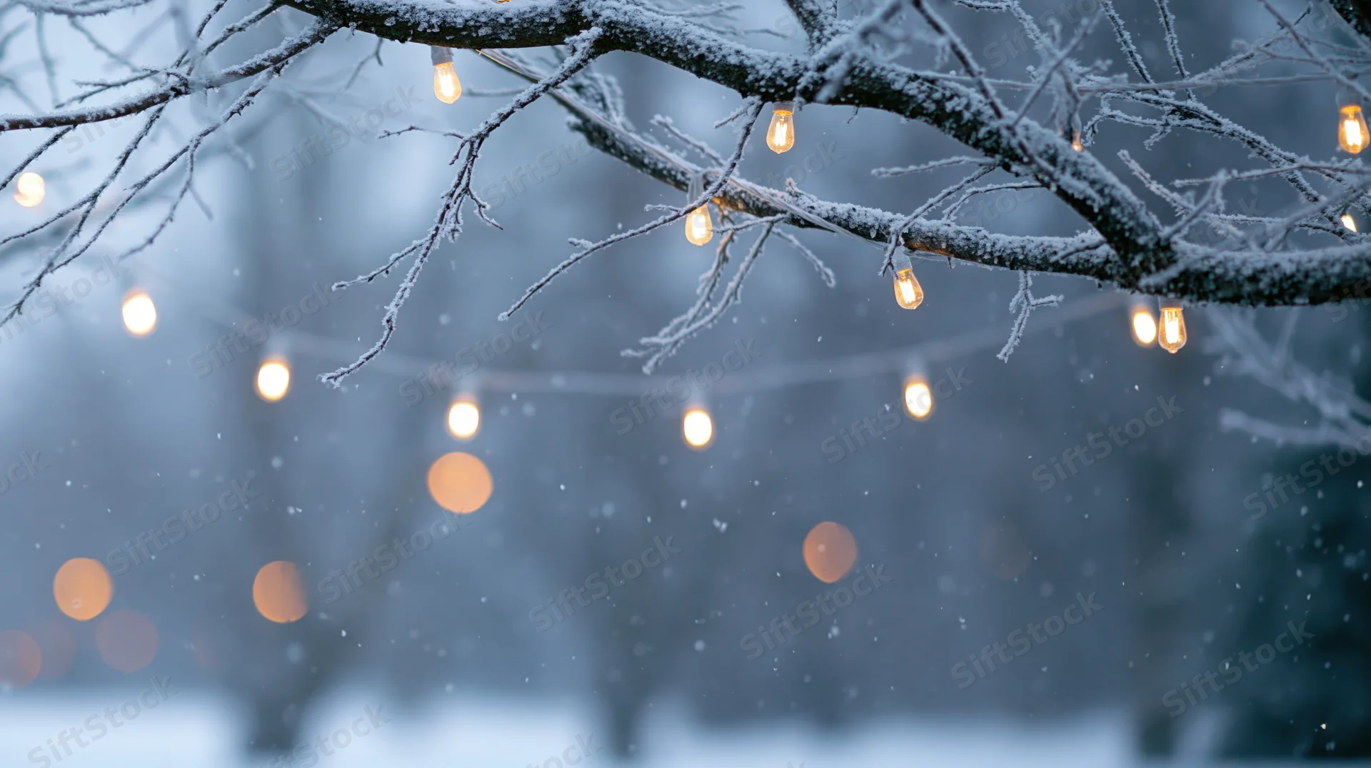 Snow-covered tree branches with warm string lights glowing in winter evening outdoors