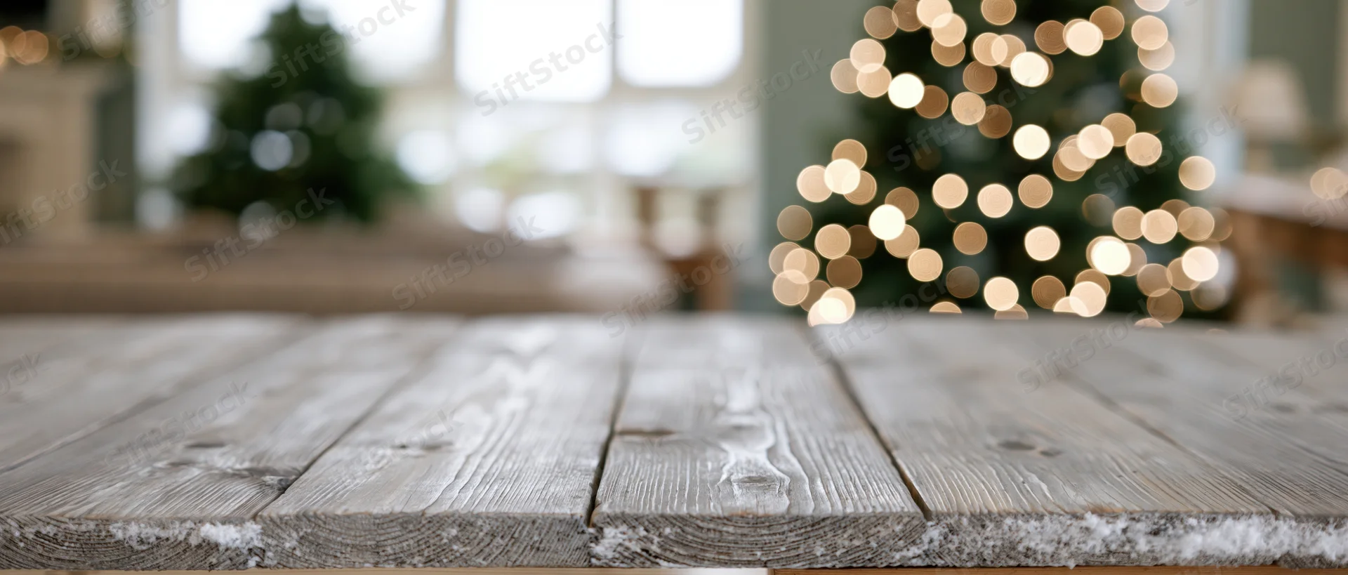 Wooden table surface in front of blurred christmas tree with bokeh lights in home interior