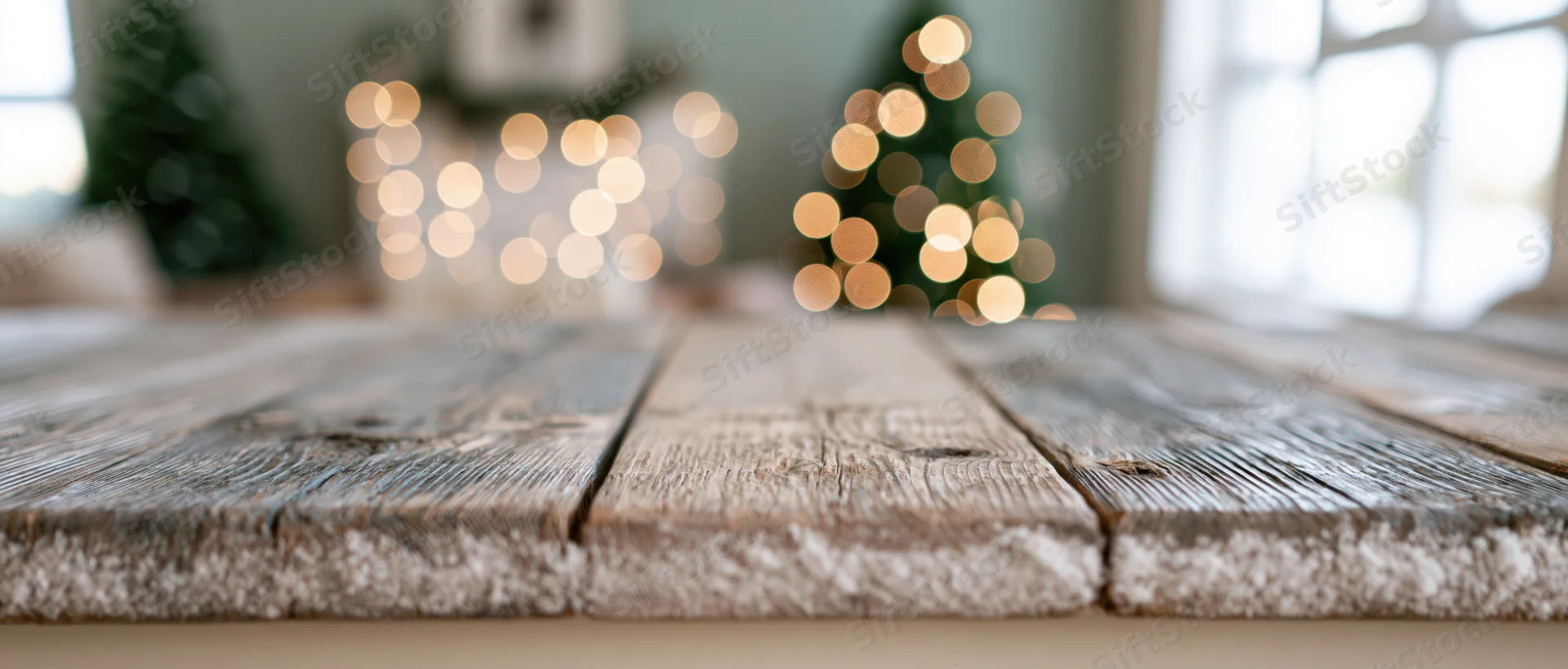 Rustic wooden table surface with blurred christmas lights and decor in background