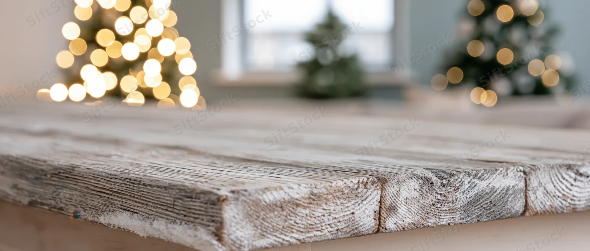 Wooden table surface with blurred christmas tree lights in background