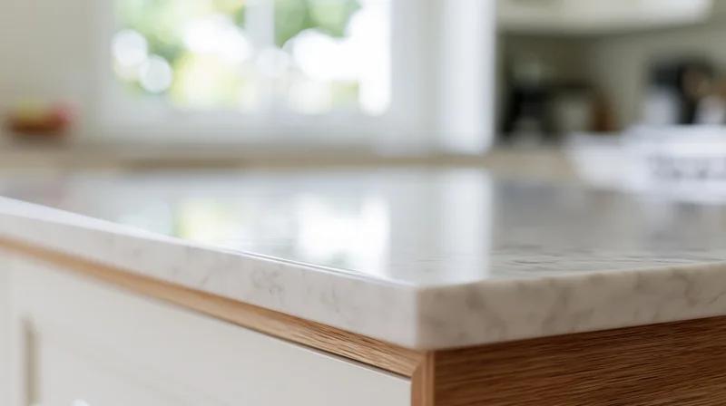 Close-up of a white marble countertop with wood edge in a modern kitchen interior
