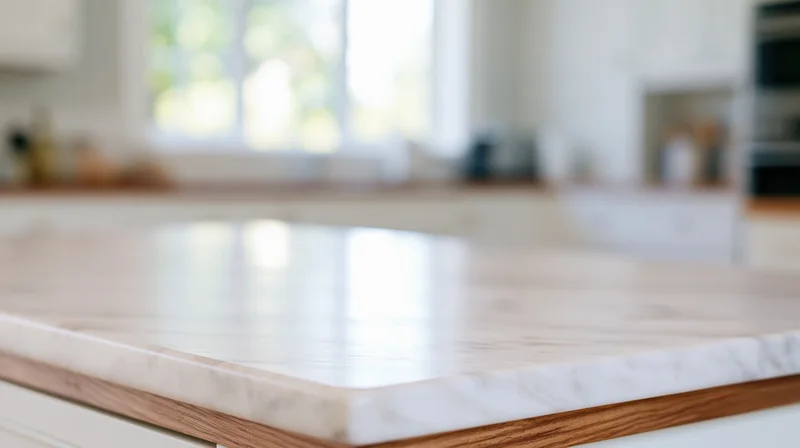 Marble countertop with wood edge in a bright modern kitchen interior