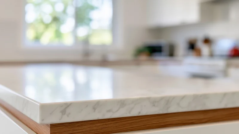 Close-up of a white marble kitchen countertop with wood edge and blurred background showing window and appliances