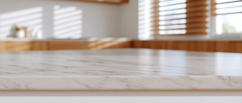 White marble countertop in modern kitchen interior with sunlight through wooden blinds