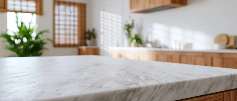 Marble countertop in a modern kitchen with wooden cabinets and bamboo blinds near windows