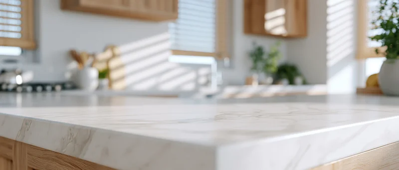 Marble countertop in a modern kitchen with wooden cabinets and natural light through blinds