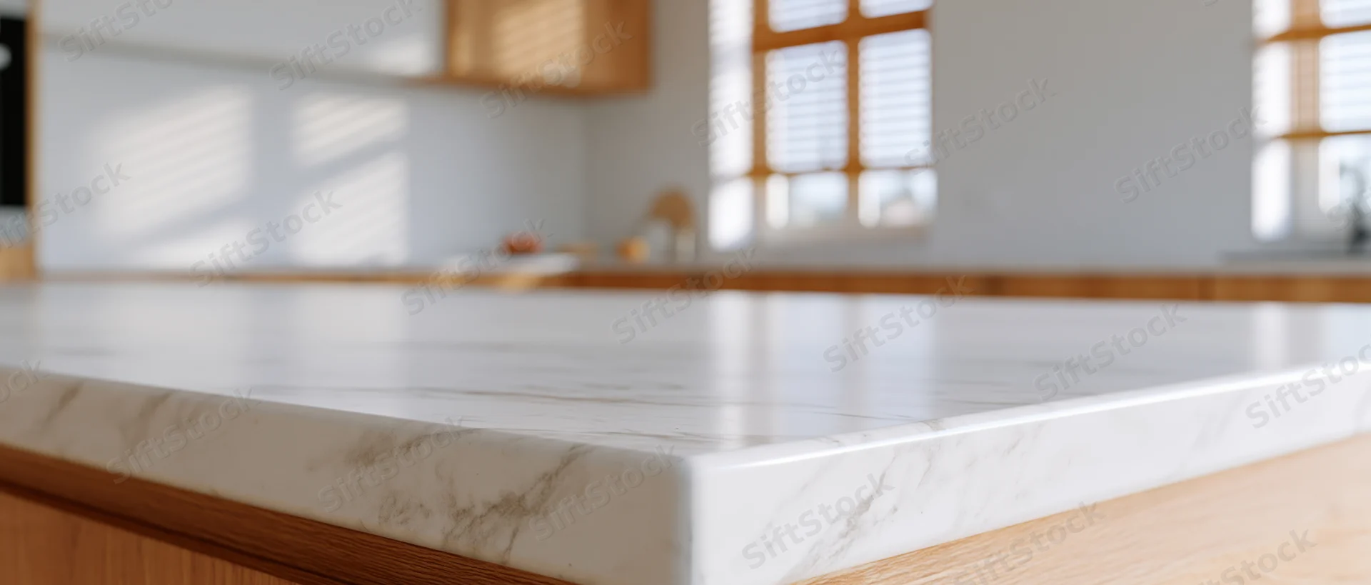 White marble kitchen countertop with wooden cabinetry and natural light from windows