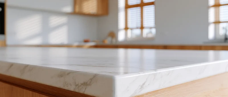 White marble kitchen countertop with wooden cabinetry and natural light from windows