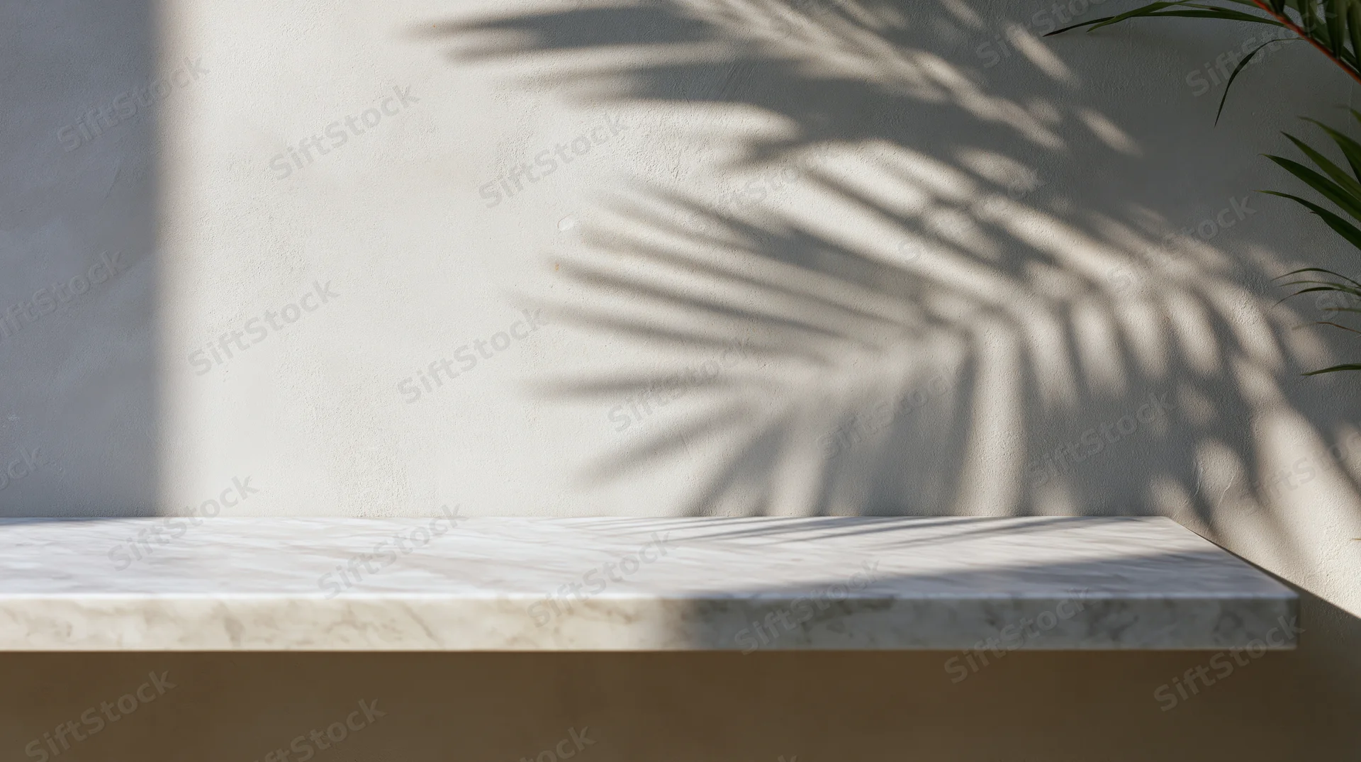 Marble shelf with palm leaf shadow on a white wall outdoors