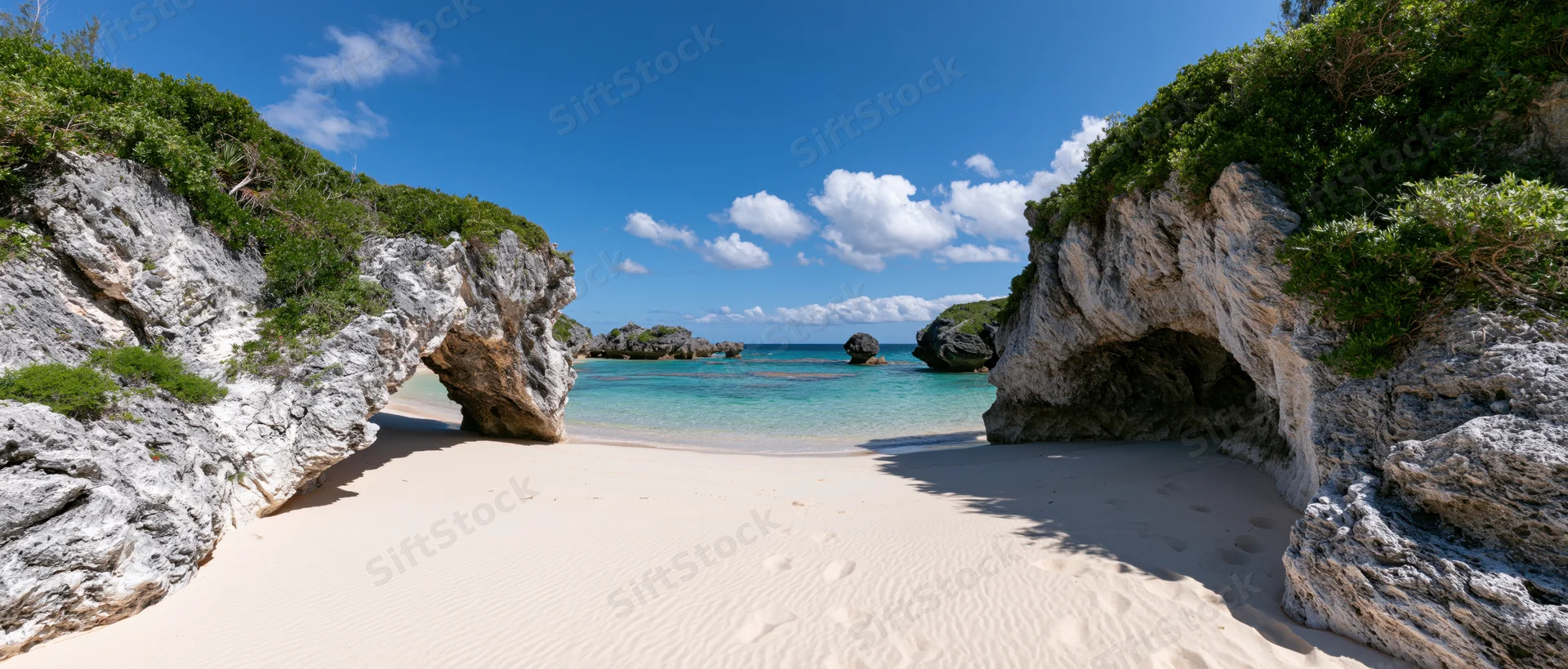 White sandy beach framed by rocky cliffs and a natural arch opening to turquoise ocean waters