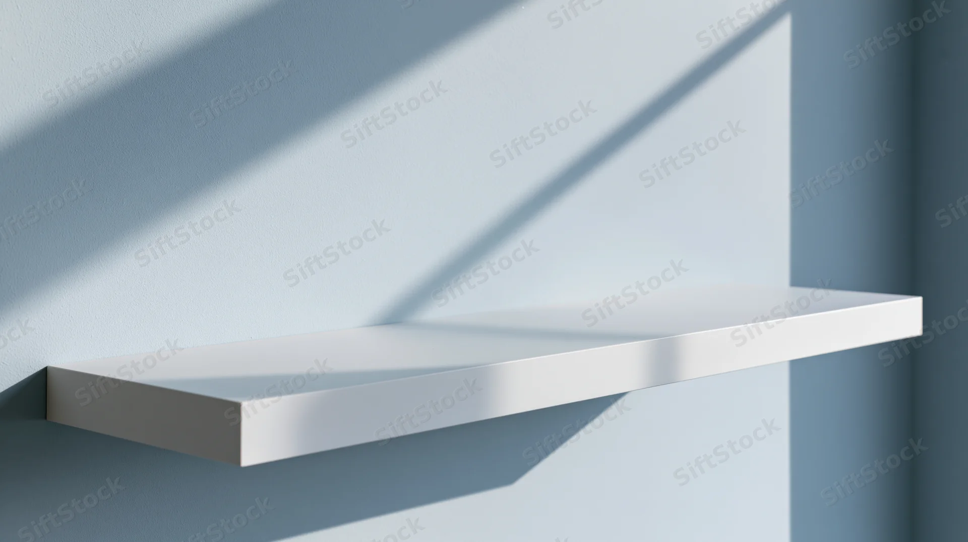 White floating shelf mounted on a blue wall in a minimalist interior space