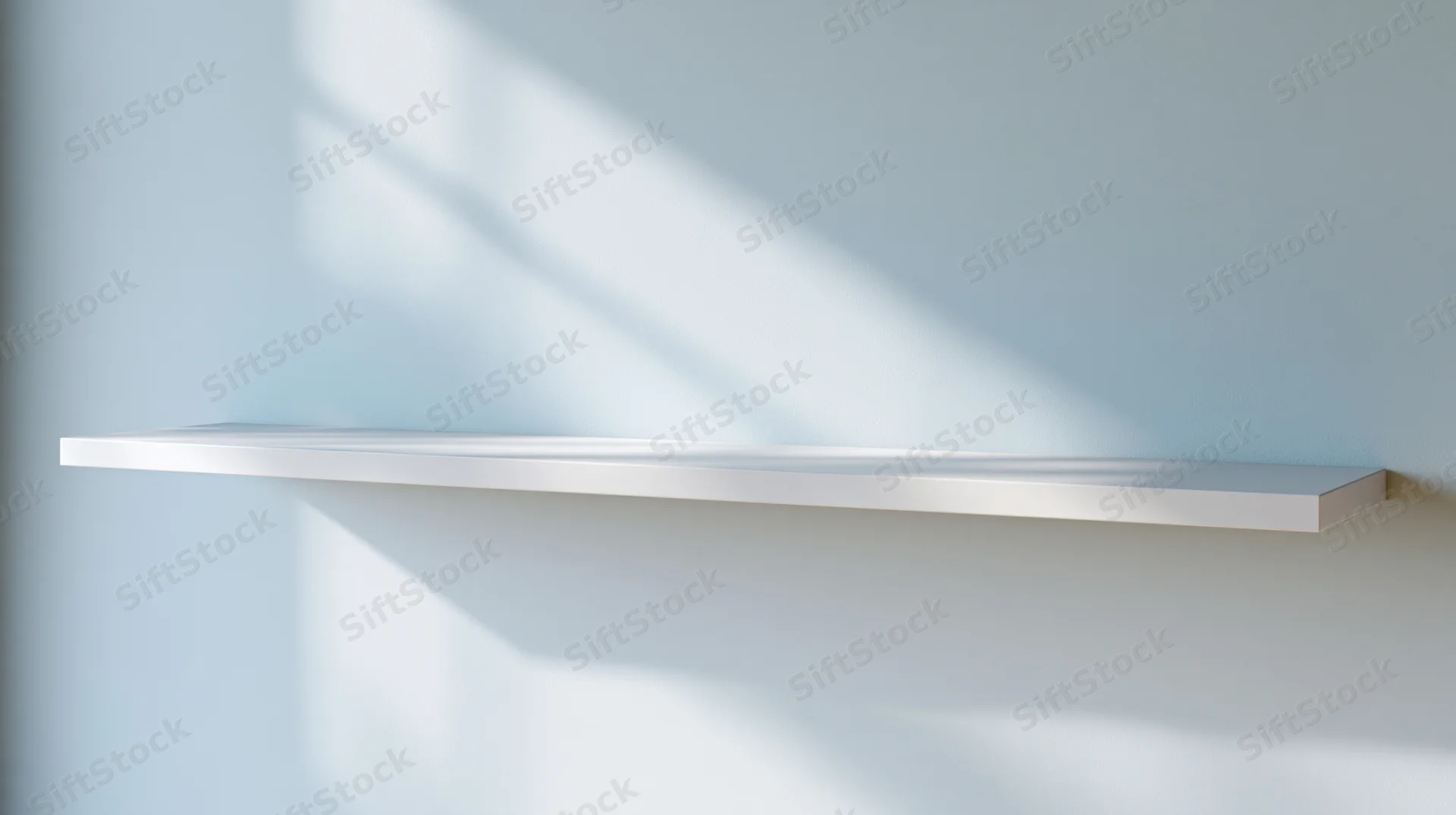 White floating shelf mounted on a light blue wall with sunlight casting diagonal shadows across its surface