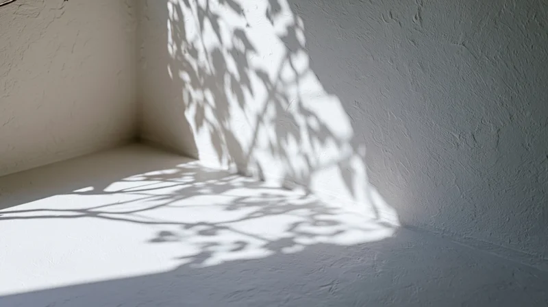 Sunlight casting leafy shadows on white textured walls in a room corner
