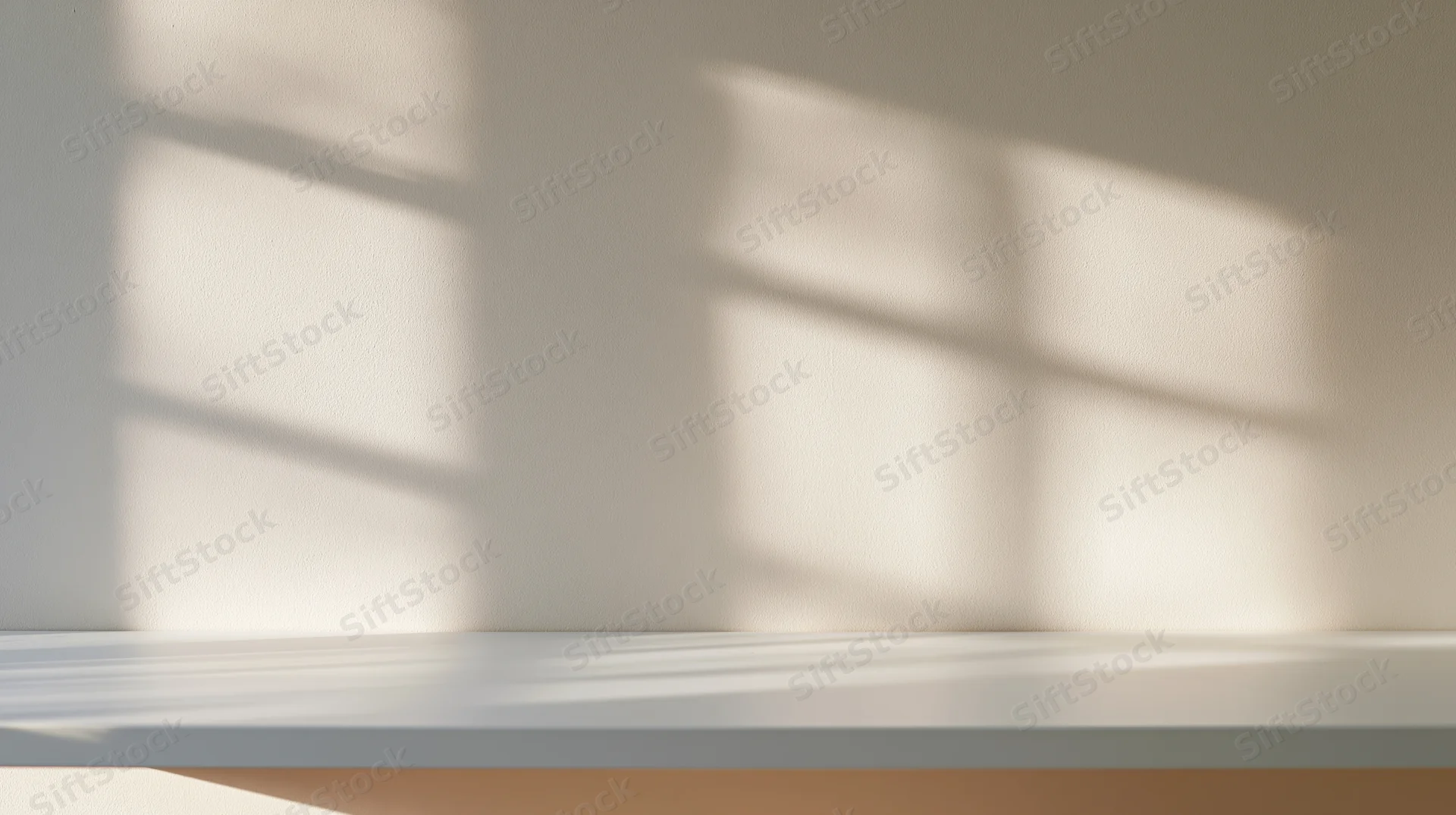 White shelf with window shadow in minimalist interior