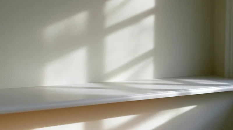 Empty white shelf in a sunlit room corner with striped shadows from blinds