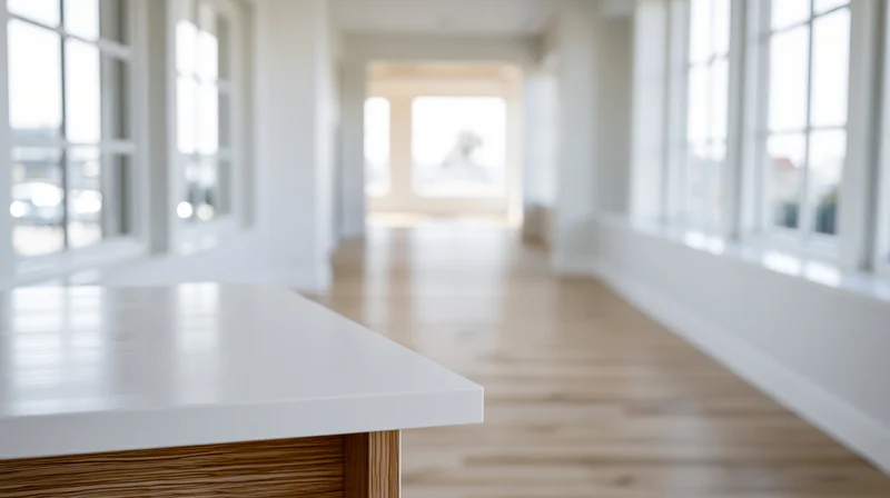 White countertop in a bright modern hallway with wooden flooring and large windows