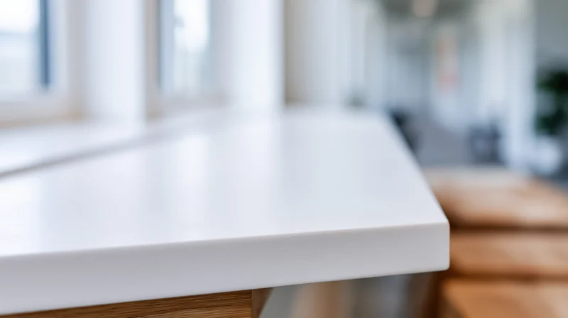White countertop with wooden base in modern kitchen interior, blurred background showing windows and dining area
