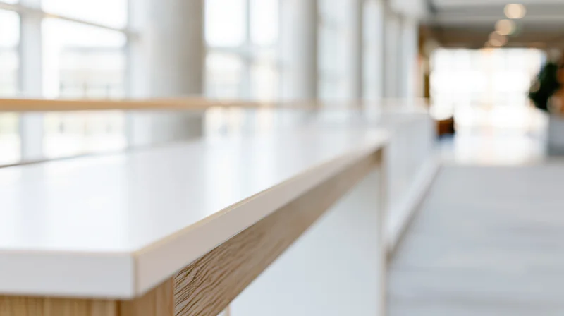 White reception desk with wood trim in a modern office hallway