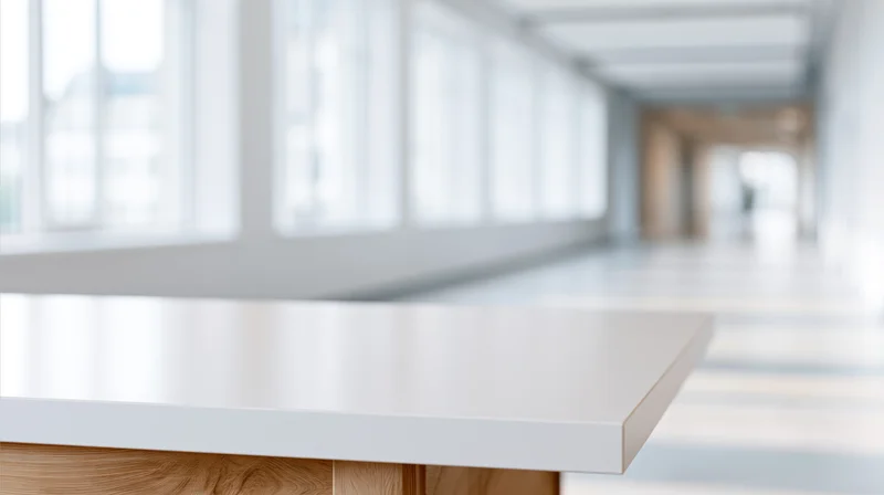 White table with wooden base in a bright modern office hallway