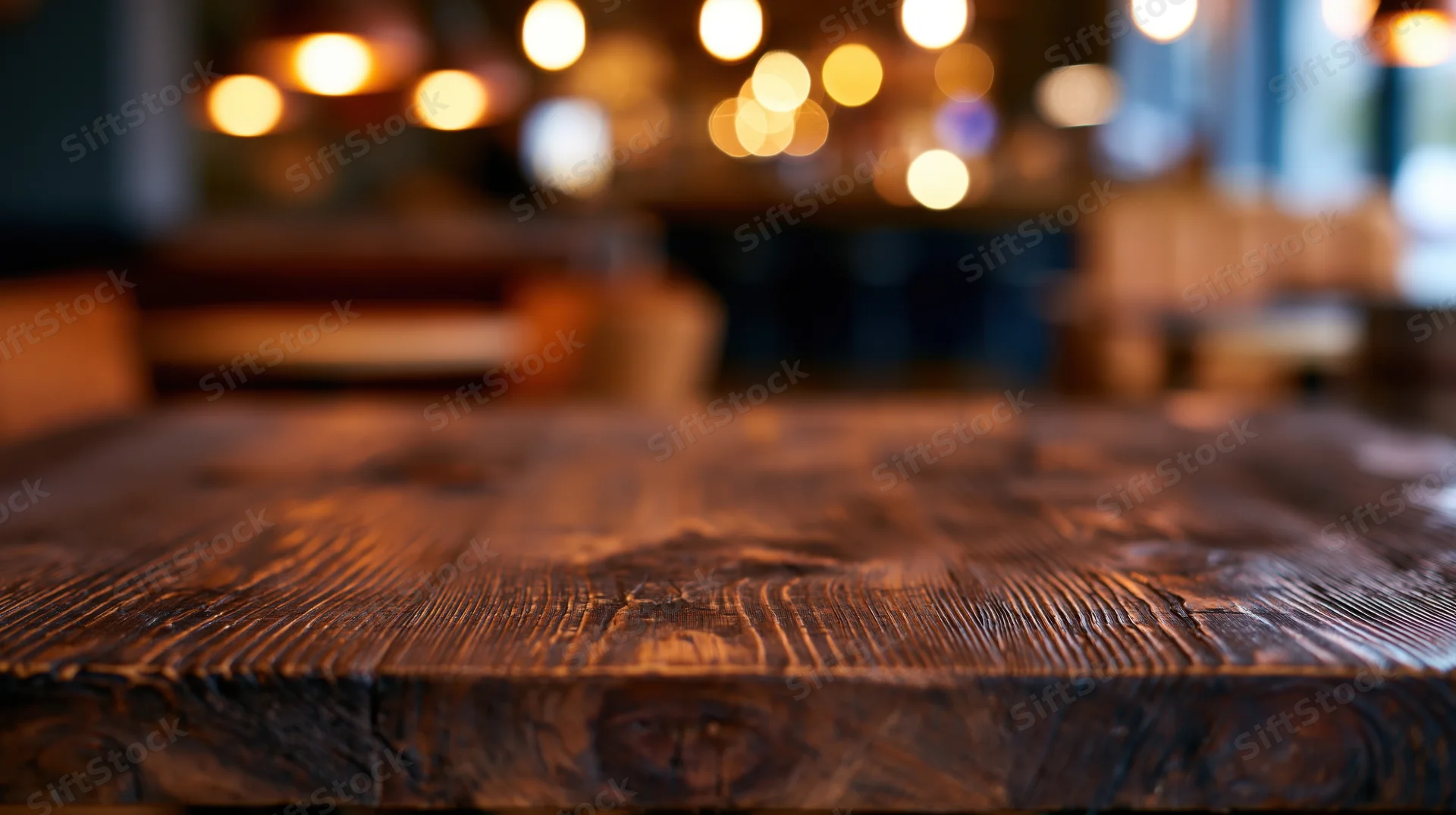 Wooden table surface in a warmly lit restaurant interior with blurred background lights and copyspace