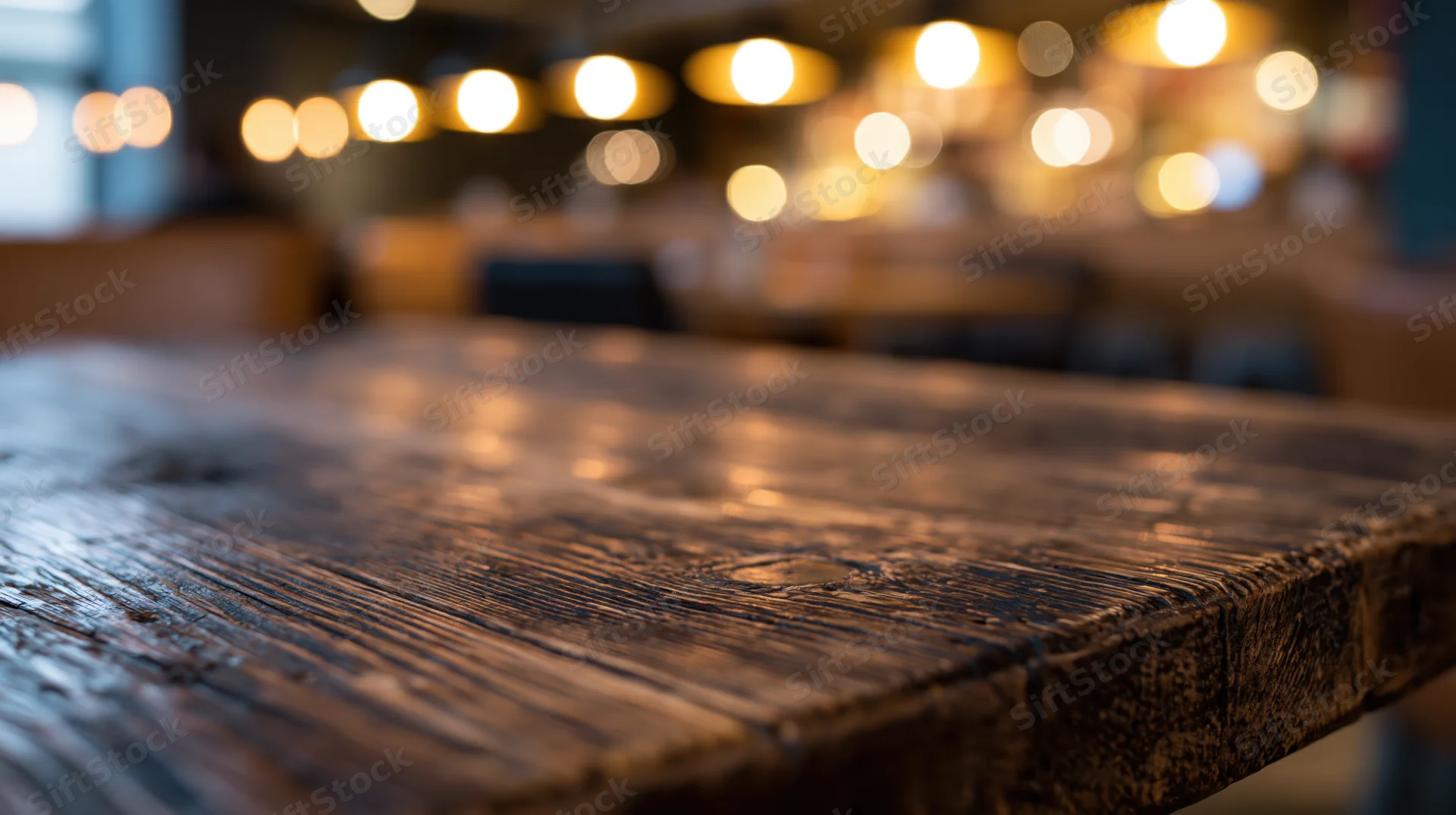 Closeup of a rustic wooden table in a warmly lit restaurant interior