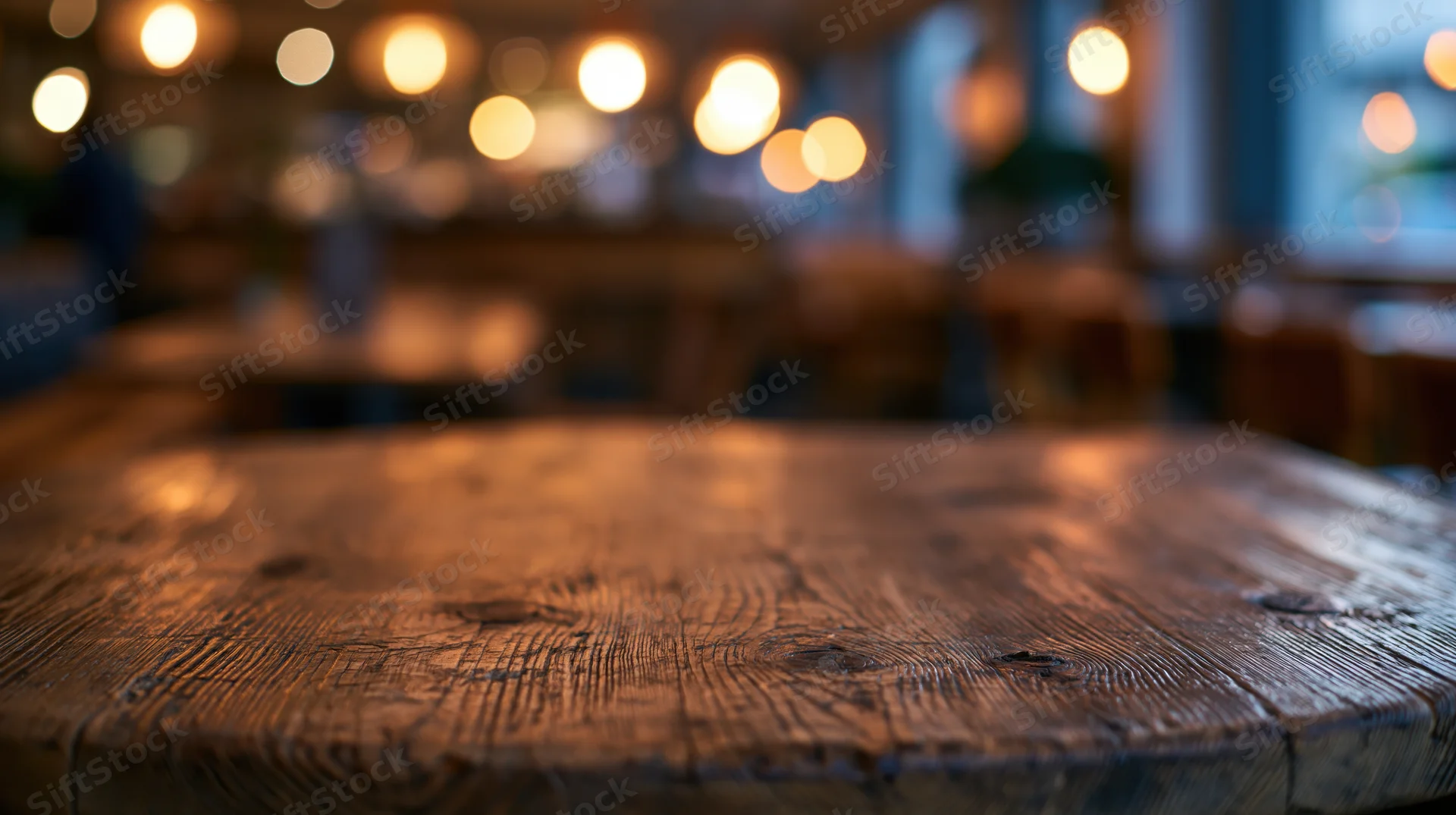 Wooden table surface in a warmly lit restaurant interior with blurred background lights