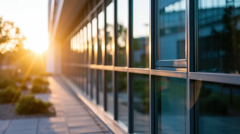 Modern office building facade with glass windows reflecting sunset light along a paved sidewalk
