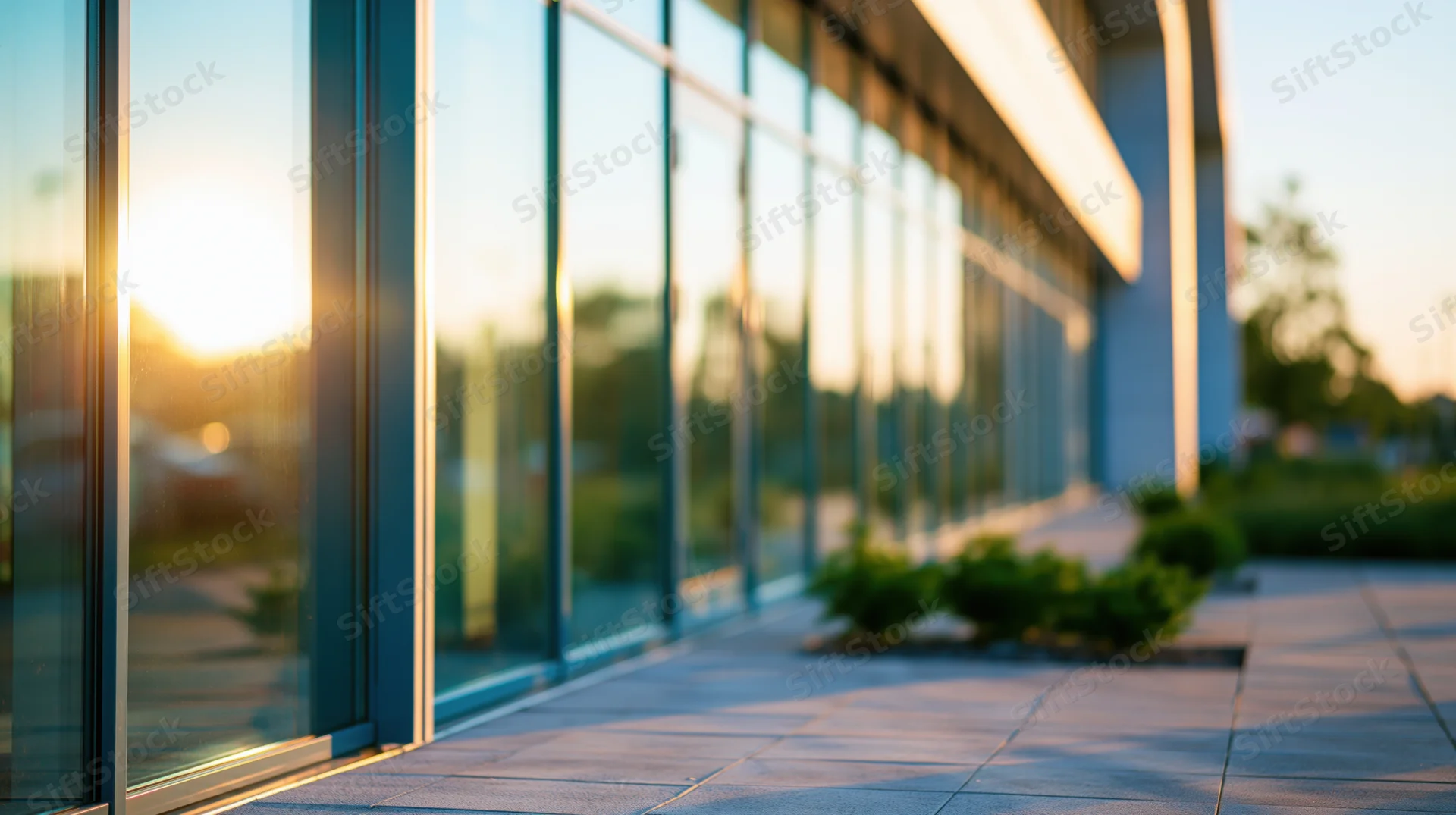 Modern glass facade of an office building at sunset with shrubs along the tiled walkway