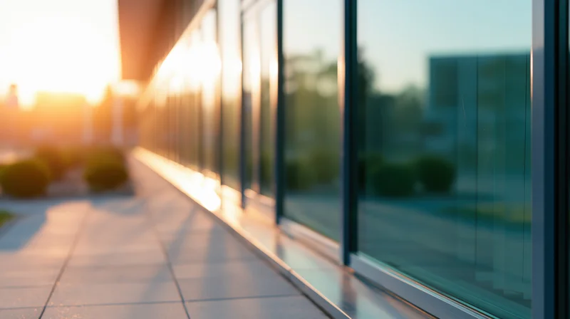 Modern glass building facade reflecting sunrise light along a tiled walkway