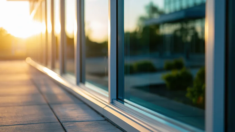Modern office building facade with large glass windows reflecting sunset sky and surrounding greenery along paved sidewalk