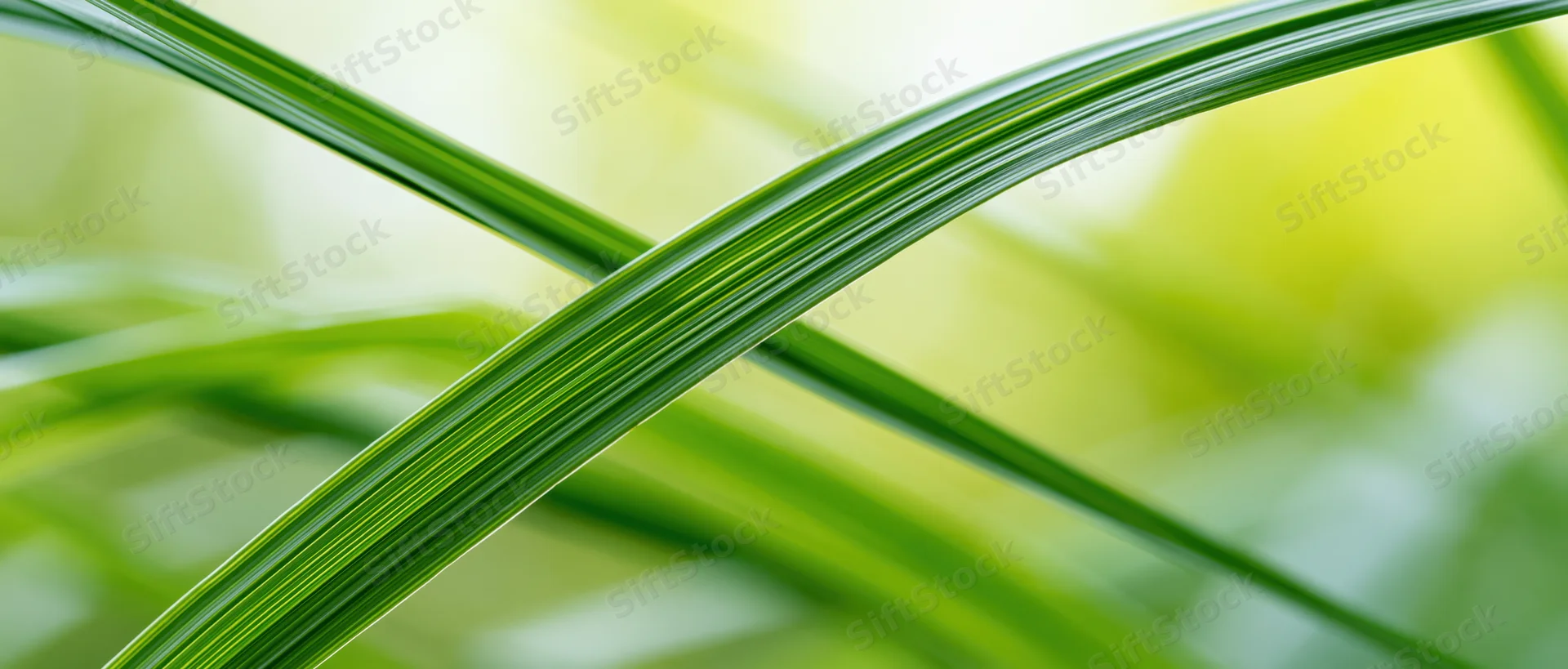 Closeup of green grass blades crossing in a natural outdoor setting with soft background blur