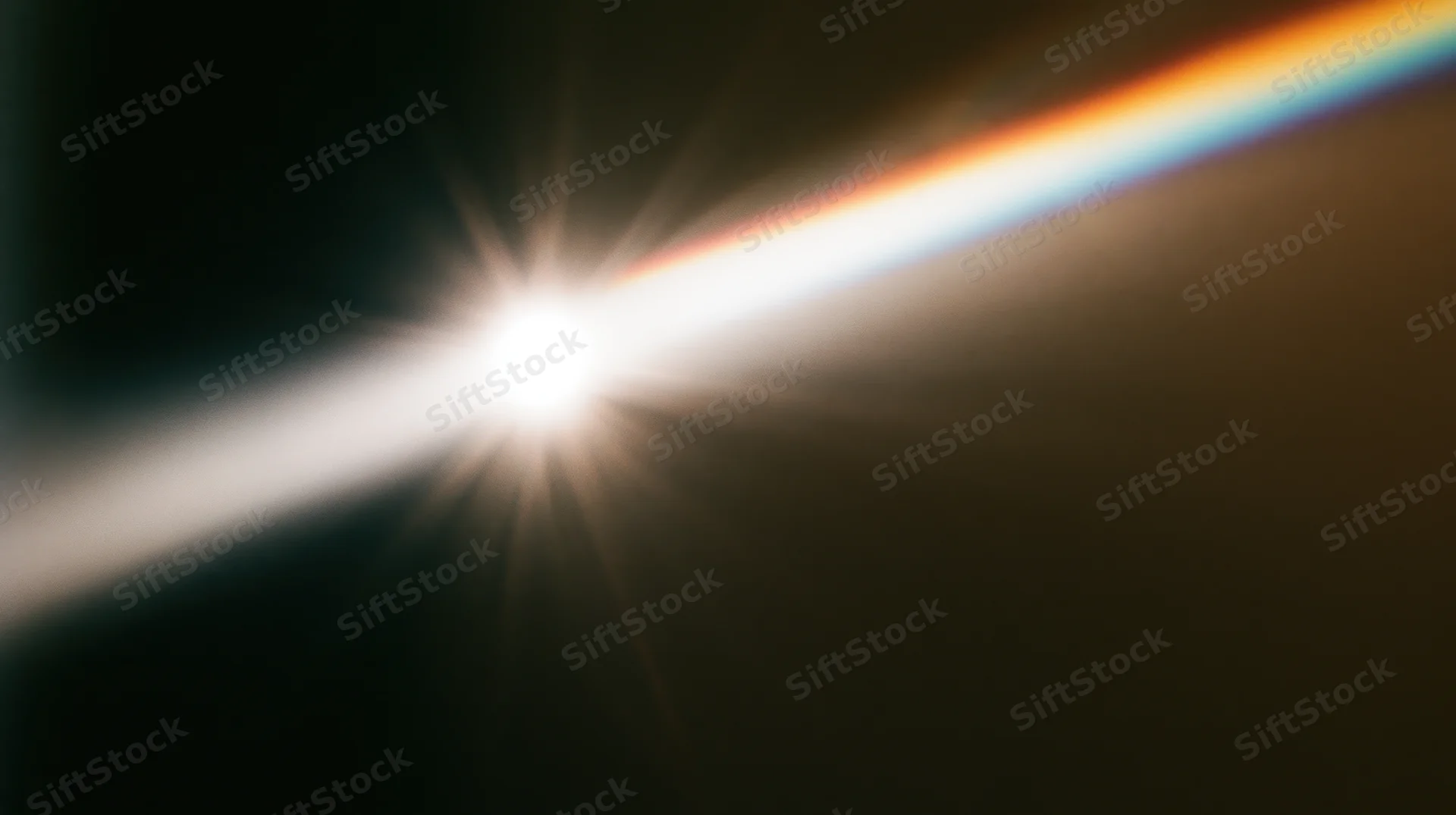 Bright light source emitting a starburst flare with rainbow spectrum against dark background
